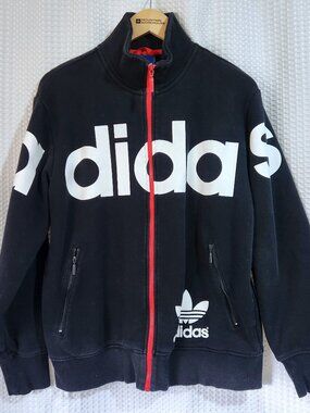 Adidas Black Track Jacket Men’s Large Red Zip White Logo 70/30 Cotton Poly